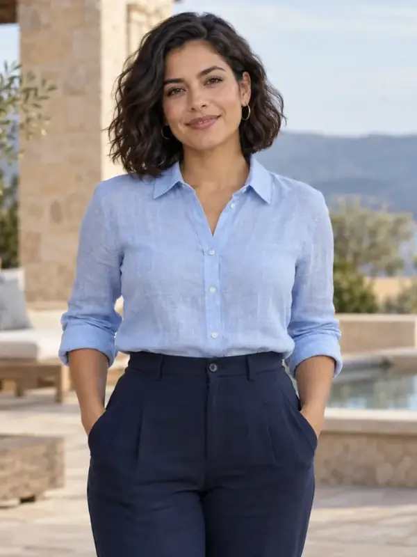 Mujer madura de cabello corto generada con IA con camisa azul en una terraza frente al mar