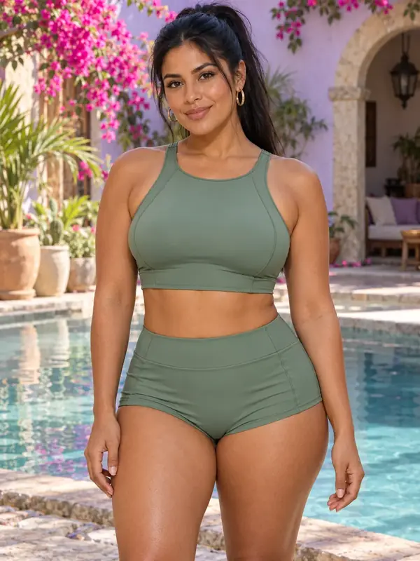 Mujer adulta de talla grande generada con IA con conjunto verde junto a una alberca